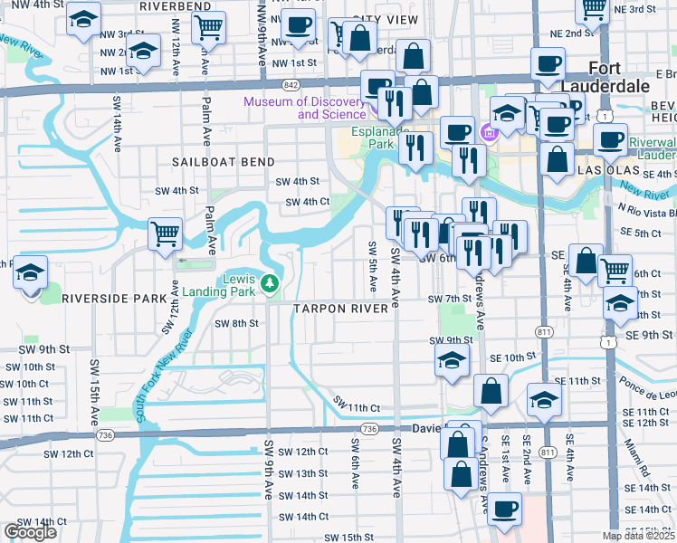 map of restaurants, bars, coffee shops, grocery stores, and more near 629 Southwest 6th Avenue in Fort Lauderdale