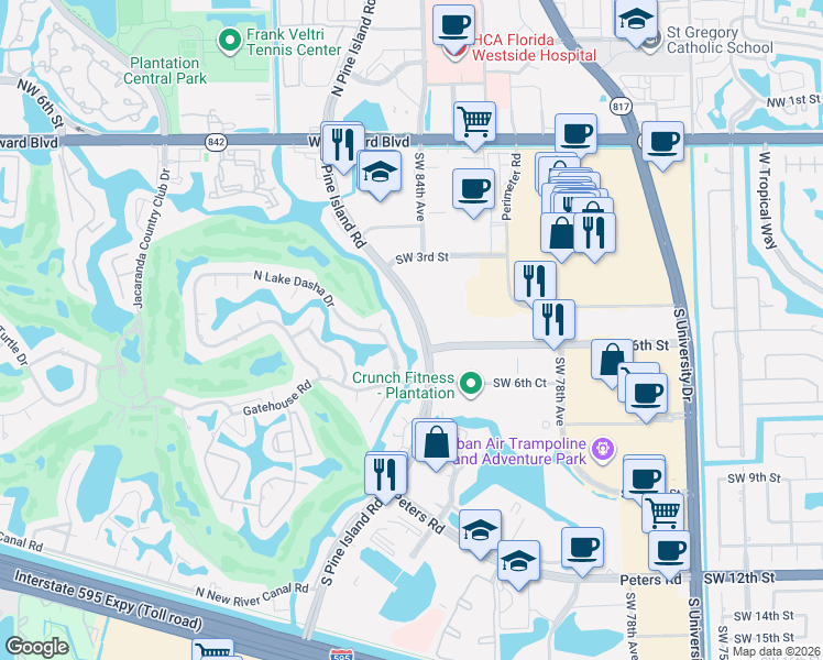 map of restaurants, bars, coffee shops, grocery stores, and more near in Plantation