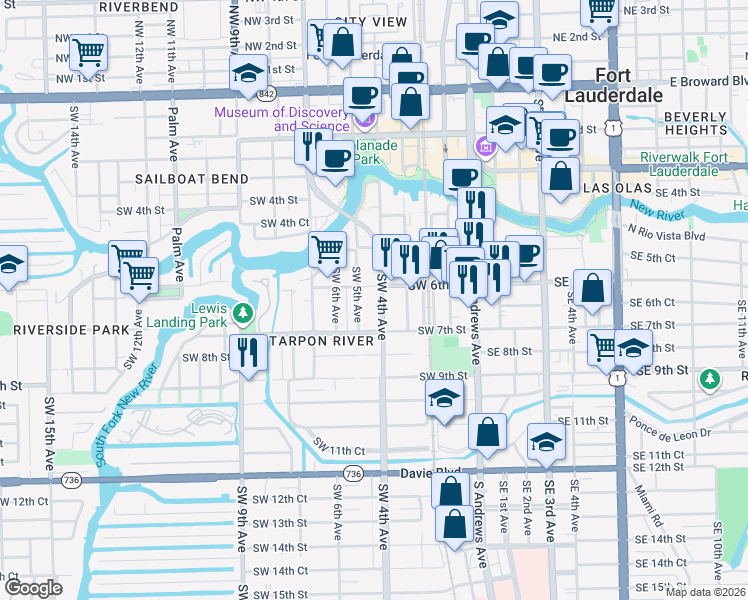 map of restaurants, bars, coffee shops, grocery stores, and more near 630 Southwest 5th Avenue in Fort Lauderdale