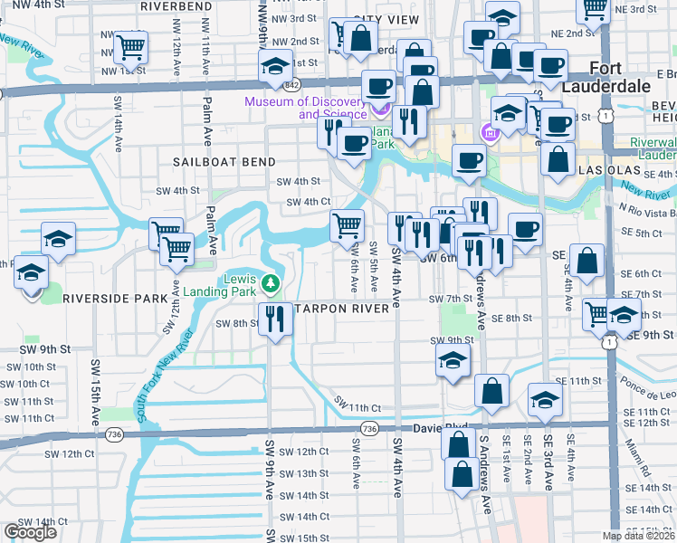 map of restaurants, bars, coffee shops, grocery stores, and more near 629 Southwest 6th Avenue in Fort Lauderdale