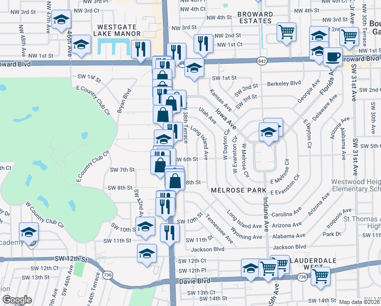 map of restaurants, bars, coffee shops, grocery stores, and more near 3820 Southwest 6th Street in Fort Lauderdale