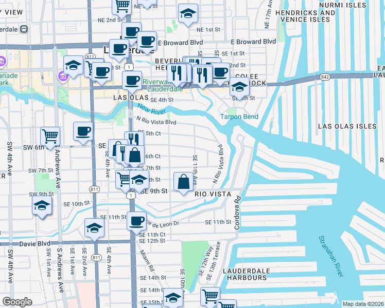 map of restaurants, bars, coffee shops, grocery stores, and more near 1101 Southeast 7th Street in Fort Lauderdale