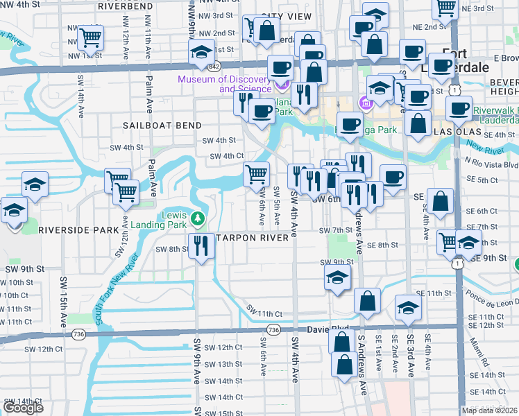 map of restaurants, bars, coffee shops, grocery stores, and more near 629 Southwest 6th Avenue in Fort Lauderdale