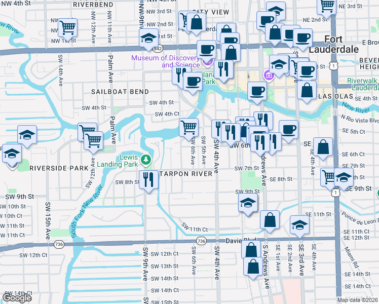 map of restaurants, bars, coffee shops, grocery stores, and more near 629 Southwest 6th Avenue in Fort Lauderdale