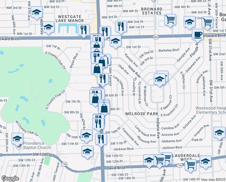 map of restaurants, bars, coffee shops, grocery stores, and more near 3820 Southwest 6th Street in Fort Lauderdale