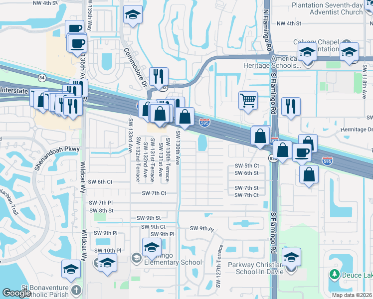 map of restaurants, bars, coffee shops, grocery stores, and more near 51 Citrus Lane in Davie