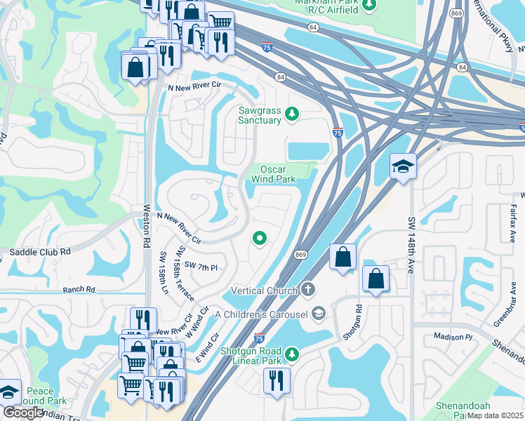 map of restaurants, bars, coffee shops, grocery stores, and more near 15722 Woodgate Place in Sunrise