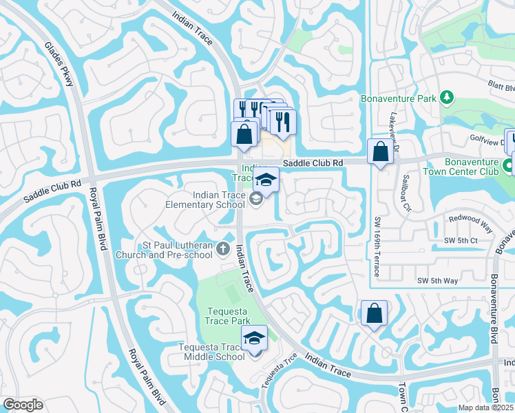 map of restaurants, bars, coffee shops, grocery stores, and more near 400 Indian Trace in Weston