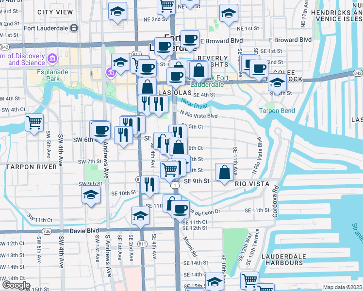 map of restaurants, bars, coffee shops, grocery stores, and more near 701 Southeast 7th Street in Fort Lauderdale