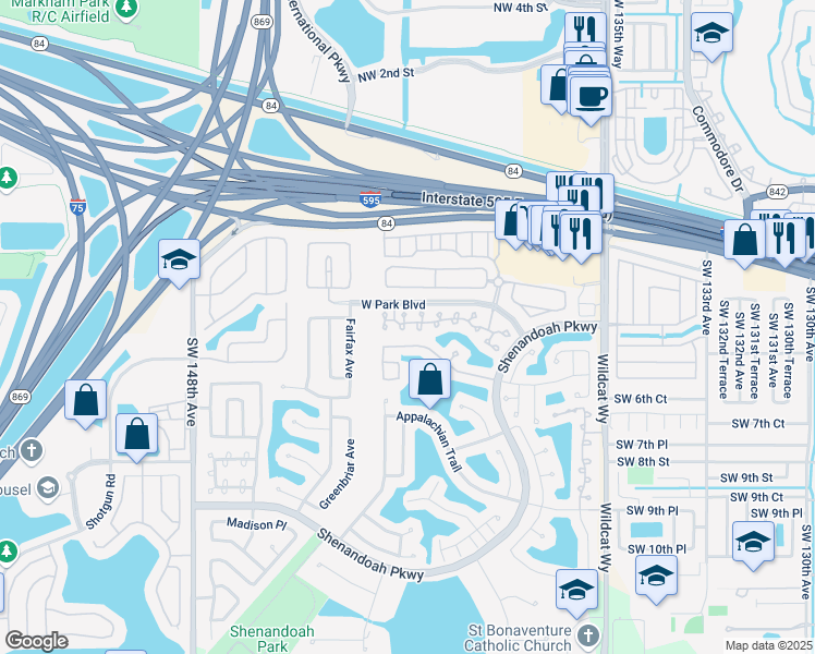 map of restaurants, bars, coffee shops, grocery stores, and more near 506 Radford Terrace in Davie