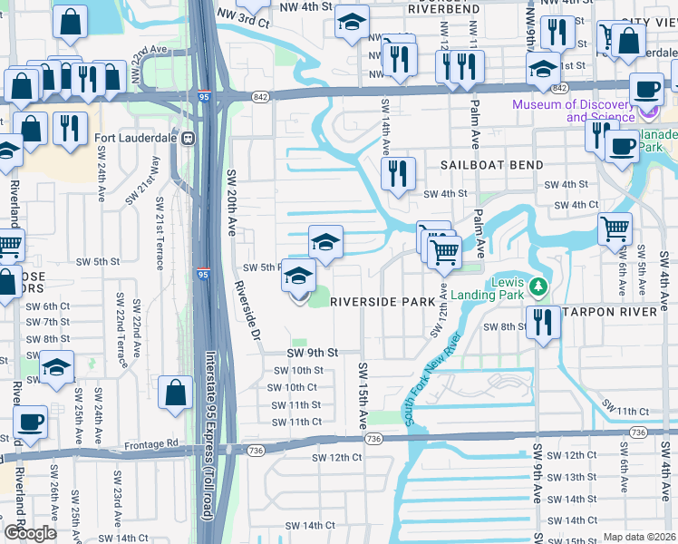 map of restaurants, bars, coffee shops, grocery stores, and more near 1556 Southwest 5th Place in Fort Lauderdale