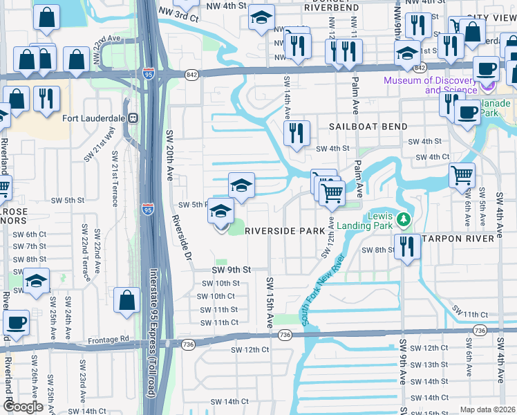 map of restaurants, bars, coffee shops, grocery stores, and more near 1524 Southwest 5th Place in Fort Lauderdale