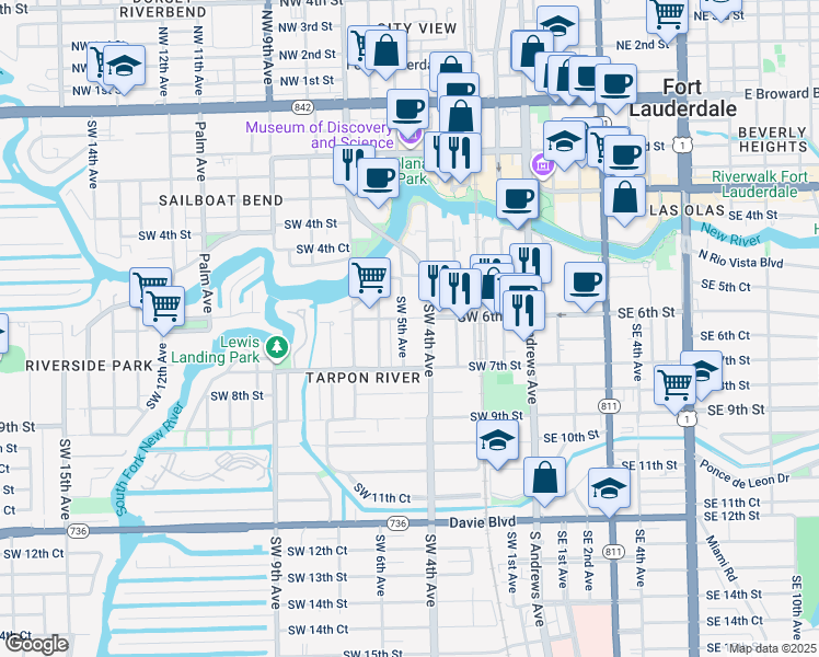 map of restaurants, bars, coffee shops, grocery stores, and more near 528 Southwest 5th Avenue in Fort Lauderdale
