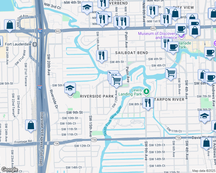 map of restaurants, bars, coffee shops, grocery stores, and more near 530 Southwest 13th Avenue in Fort Lauderdale