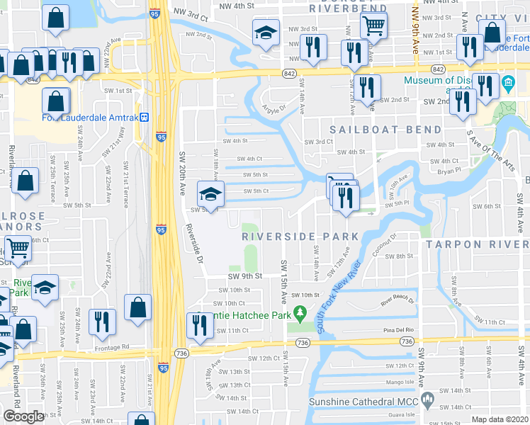 map of restaurants, bars, coffee shops, grocery stores, and more near 1601 Southwest 5th Place in Fort Lauderdale