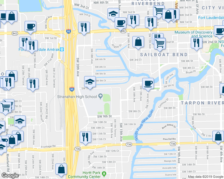 map of restaurants, bars, coffee shops, grocery stores, and more near 1601 Southwest 5th Place in Fort Lauderdale