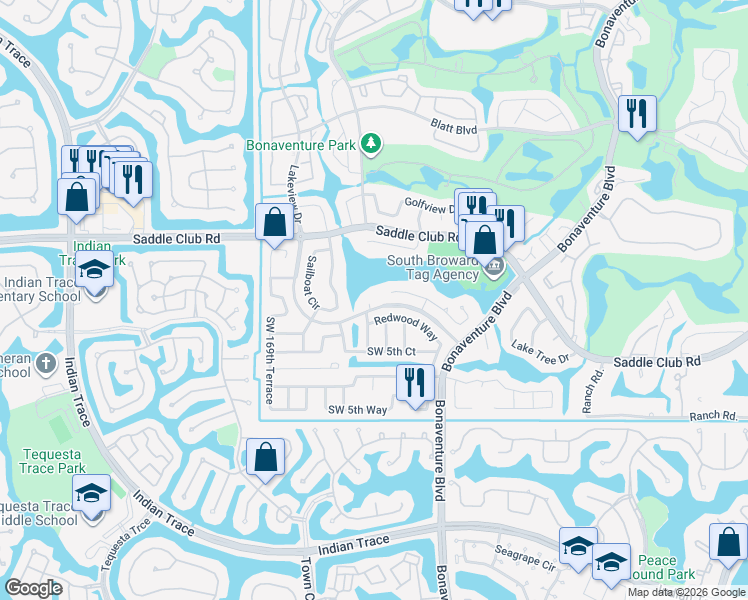 map of restaurants, bars, coffee shops, grocery stores, and more near 16740 Waters Edge Drive in Weston