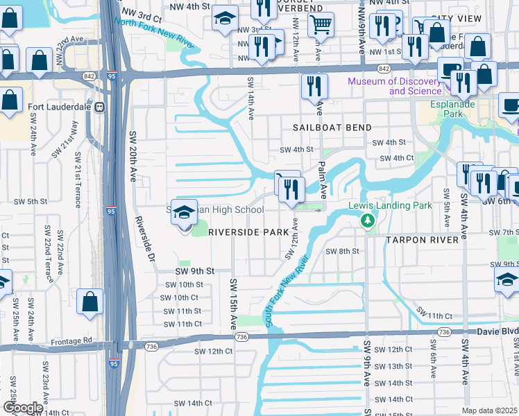 map of restaurants, bars, coffee shops, grocery stores, and more near 551 Southwest 14th Avenue in Fort Lauderdale