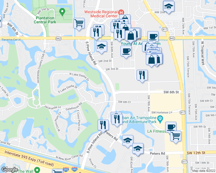 map of restaurants, bars, coffee shops, grocery stores, and more near 415 South Pine Island Road in Plantation