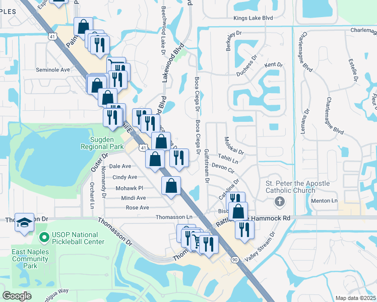 map of restaurants, bars, coffee shops, grocery stores, and more near 3605 Boca Ciega Drive in Naples