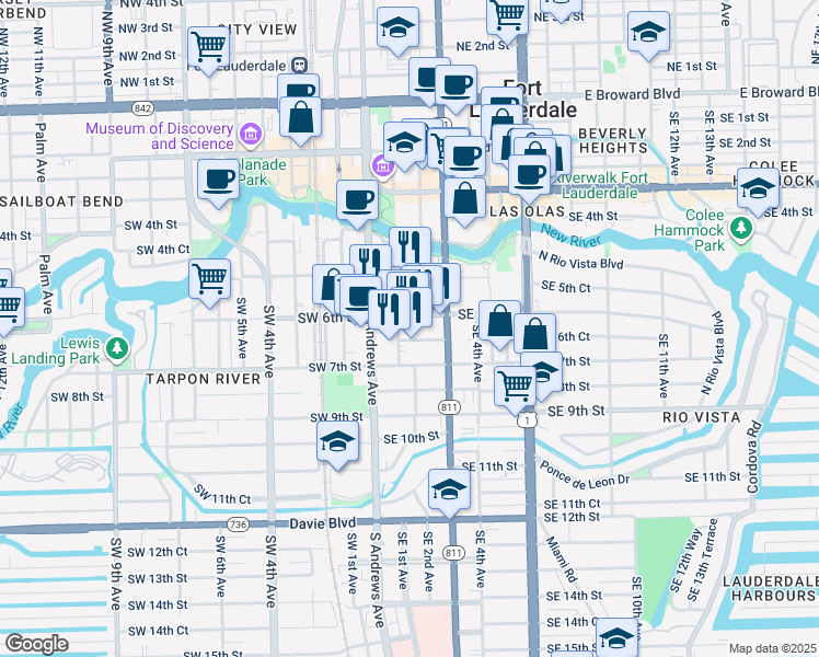 map of restaurants, bars, coffee shops, grocery stores, and more near 110 Southeast 6th Street in Fort Lauderdale