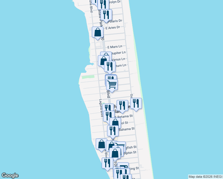 map of restaurants, bars, coffee shops, grocery stores, and more near 106 East Gardenia Street in South Padre Island