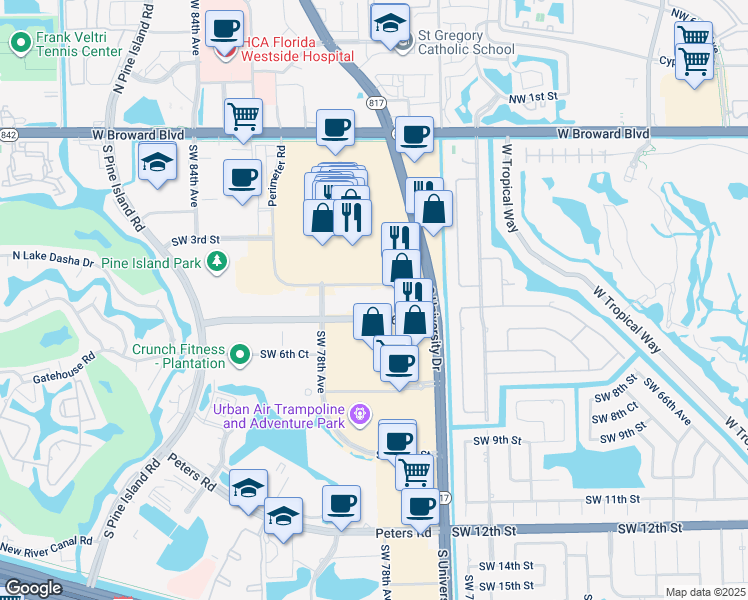 map of restaurants, bars, coffee shops, grocery stores, and more near 7755 Southwest 6th Street in Plantation