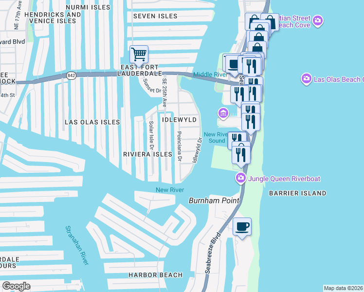 map of restaurants, bars, coffee shops, grocery stores, and more near 2623 Acacia Court in Fort Lauderdale