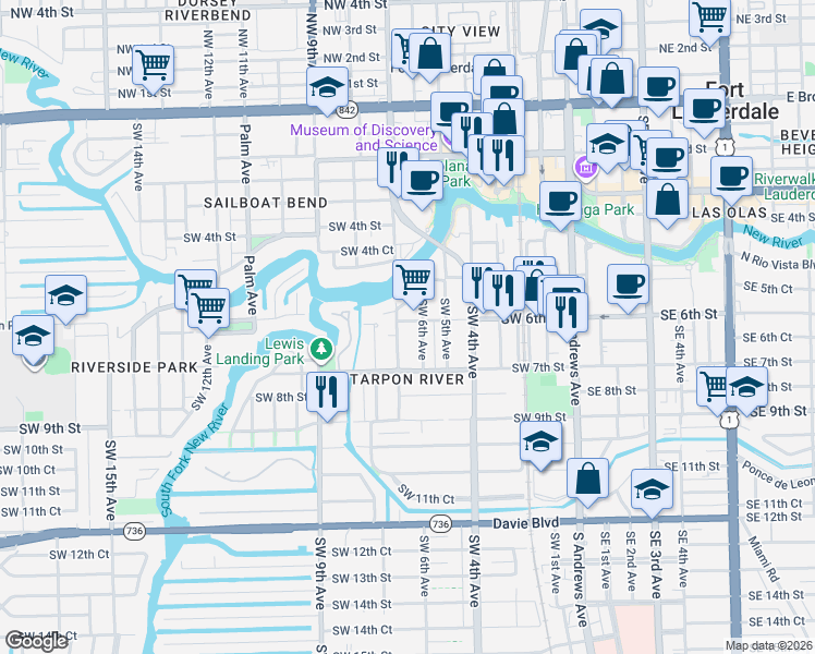 map of restaurants, bars, coffee shops, grocery stores, and more near 525 Southwest 6th Avenue in Fort Lauderdale