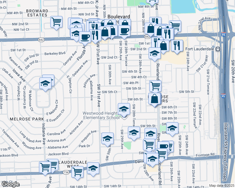 map of restaurants, bars, coffee shops, grocery stores, and more near 2931 Southwest 5th Court in Fort Lauderdale