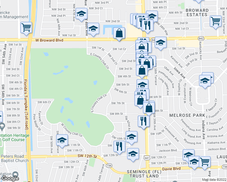 map of restaurants, bars, coffee shops, grocery stores, and more near 206 East Country Club Circle in Plantation