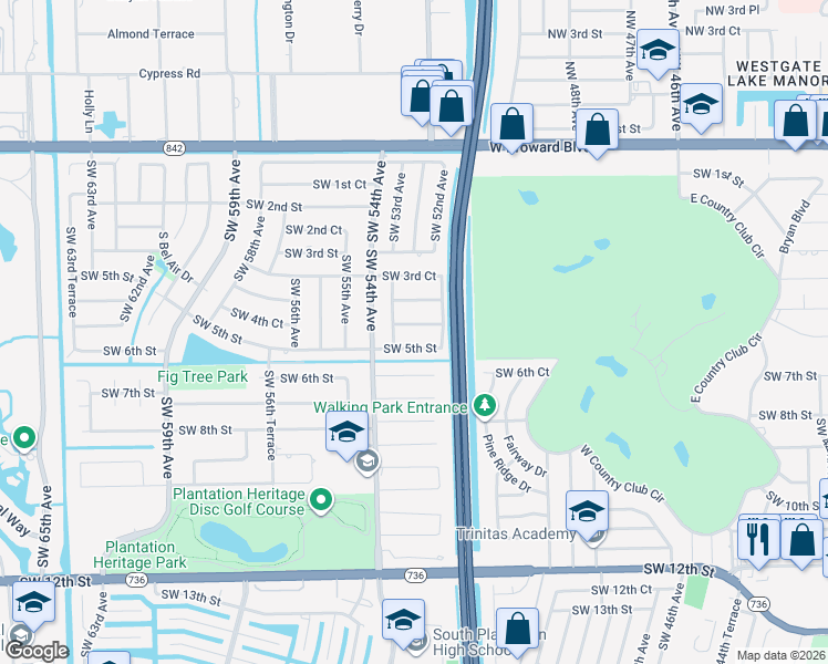 map of restaurants, bars, coffee shops, grocery stores, and more near 5251 Southwest 4th Court in Plantation
