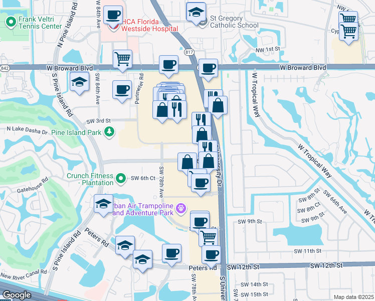 map of restaurants, bars, coffee shops, grocery stores, and more near 8000 West Broward Boulevard in Plantation