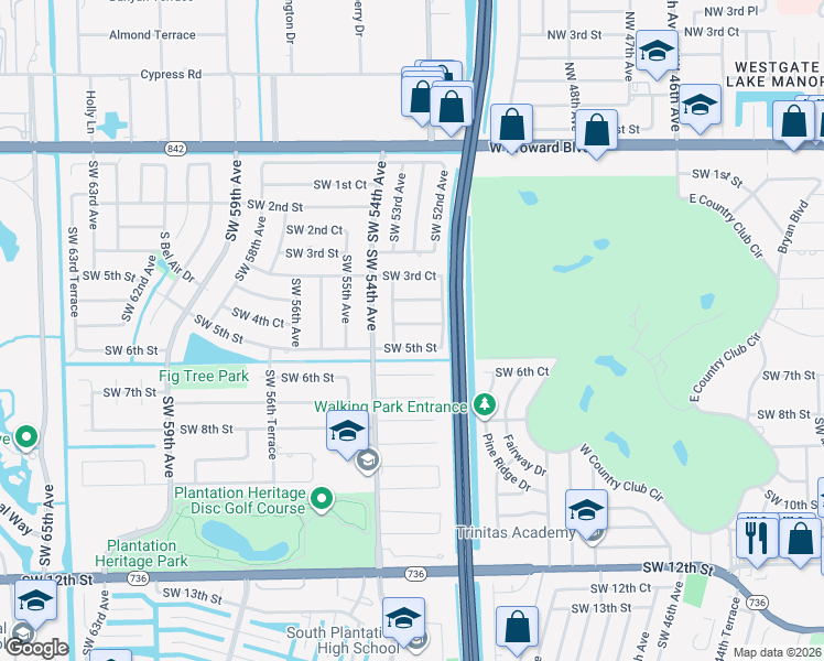 map of restaurants, bars, coffee shops, grocery stores, and more near 5251 Southwest 4th Court in Plantation