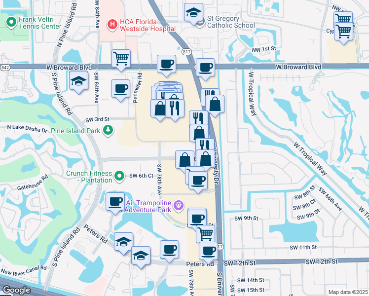 map of restaurants, bars, coffee shops, grocery stores, and more near 8000 West Broward Boulevard in Plantation