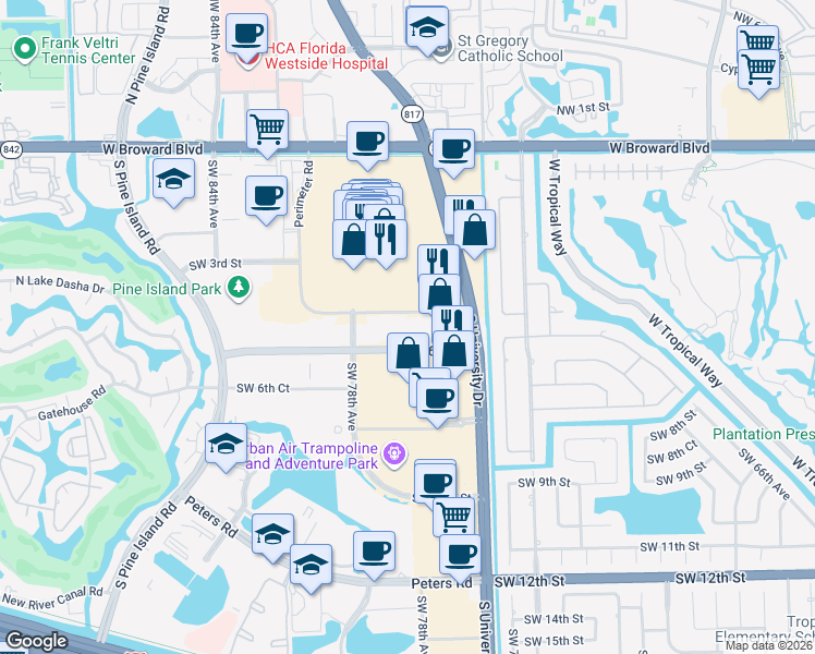map of restaurants, bars, coffee shops, grocery stores, and more near 8000 West Broward Boulevard in Plantation