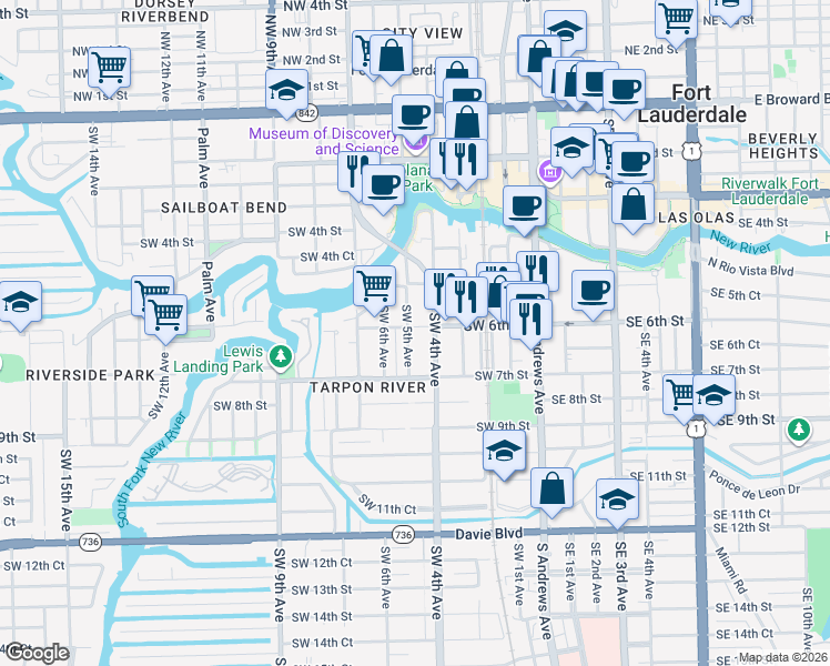 map of restaurants, bars, coffee shops, grocery stores, and more near 528 Southwest 5th Avenue in Fort Lauderdale