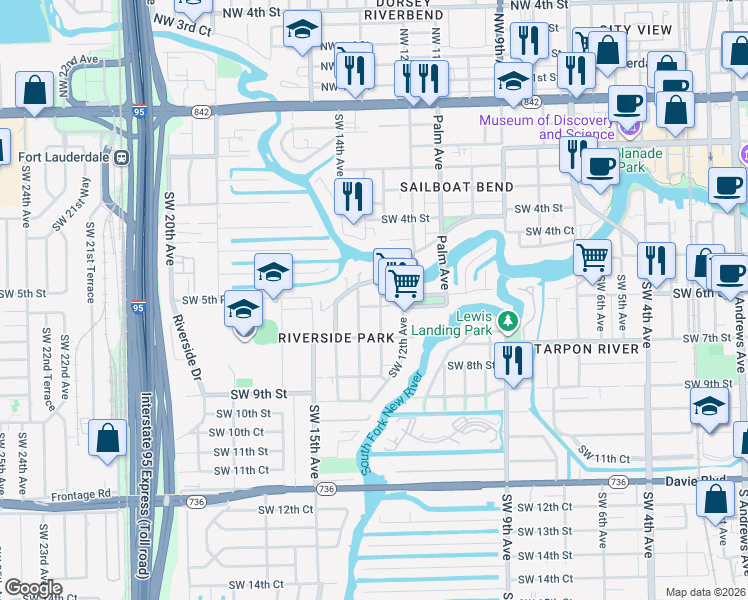 map of restaurants, bars, coffee shops, grocery stores, and more near 530 Southwest 13th Avenue in Fort Lauderdale