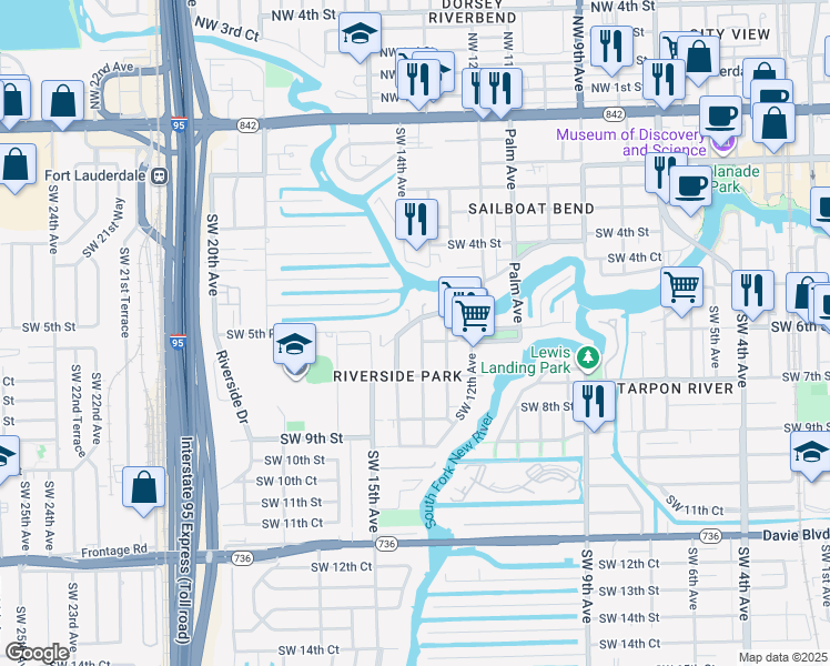 map of restaurants, bars, coffee shops, grocery stores, and more near 543 Southwest 14th Avenue in Fort Lauderdale