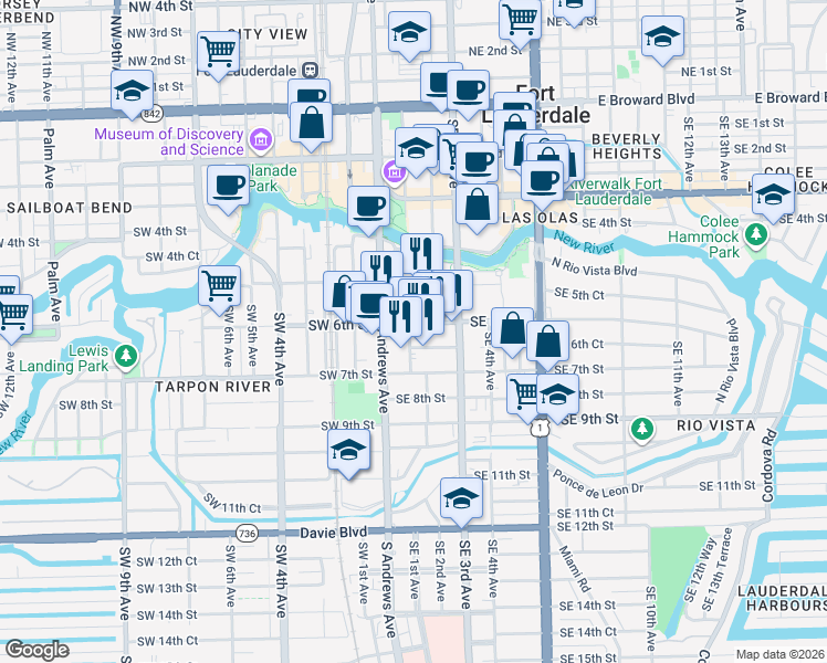 map of restaurants, bars, coffee shops, grocery stores, and more near 201 Southeast 3rd Avenue in Fort Lauderdale