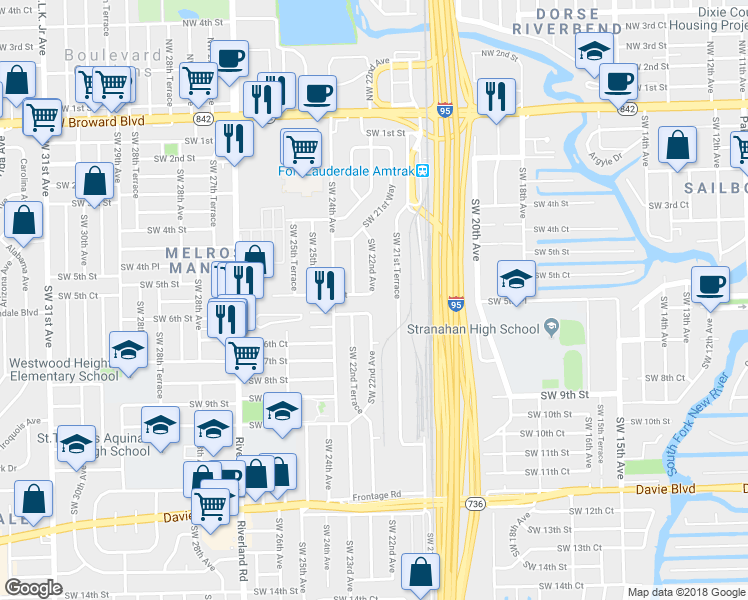map of restaurants, bars, coffee shops, grocery stores, and more near 446 Southwest 22nd Avenue in Fort Lauderdale
