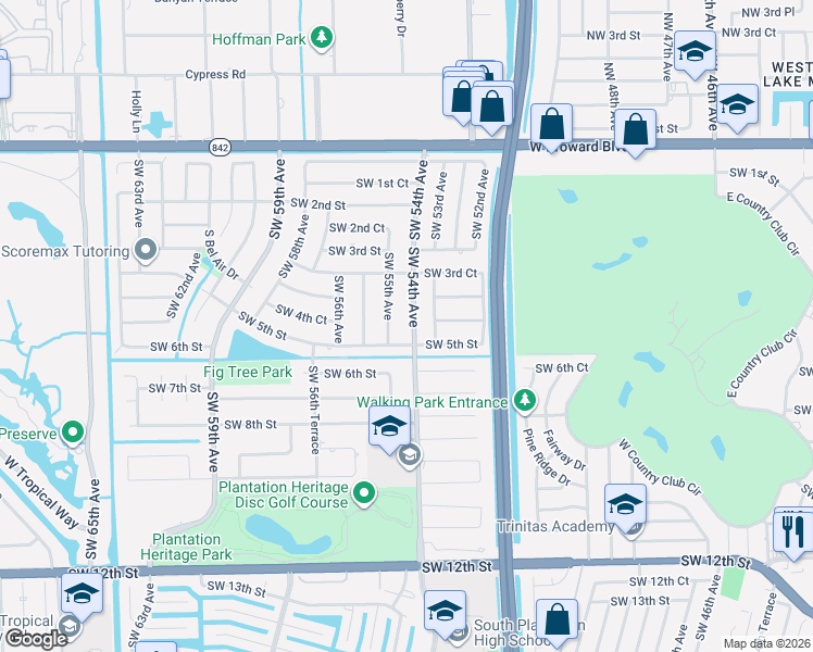 map of restaurants, bars, coffee shops, grocery stores, and more near 421 Southwest 53rd Avenue in Plantation