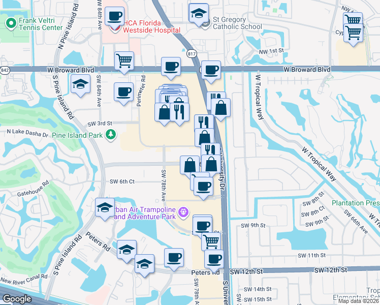 map of restaurants, bars, coffee shops, grocery stores, and more near 8000 West Broward Boulevard in Plantation