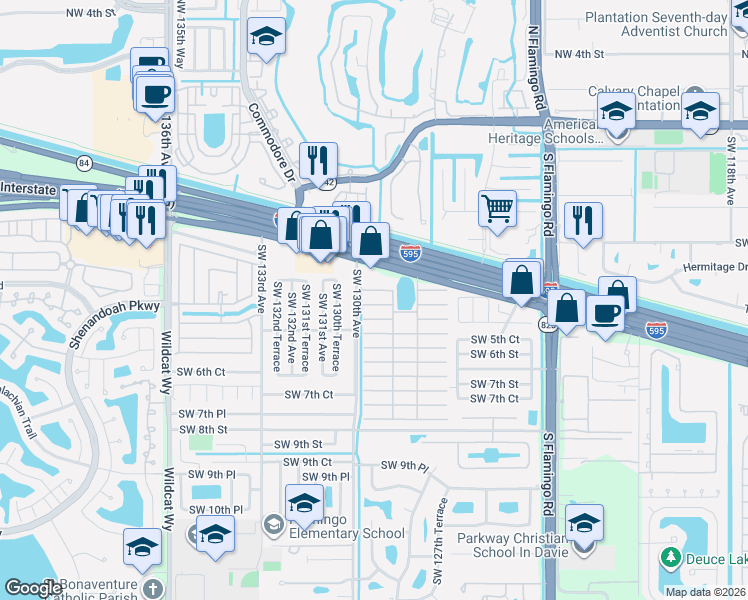 map of restaurants, bars, coffee shops, grocery stores, and more near 622-698 Southwest 130th Avenue in Davie