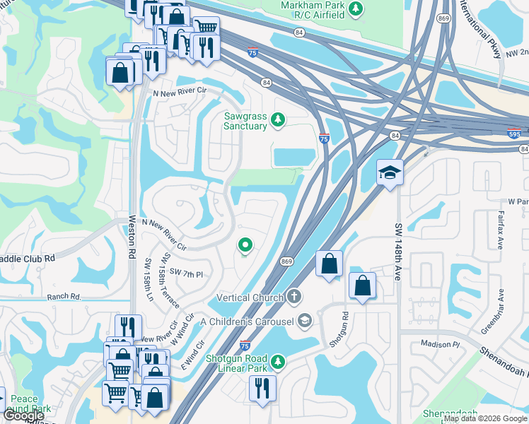 map of restaurants, bars, coffee shops, grocery stores, and more near 523 Woodgate Circle in Sunrise