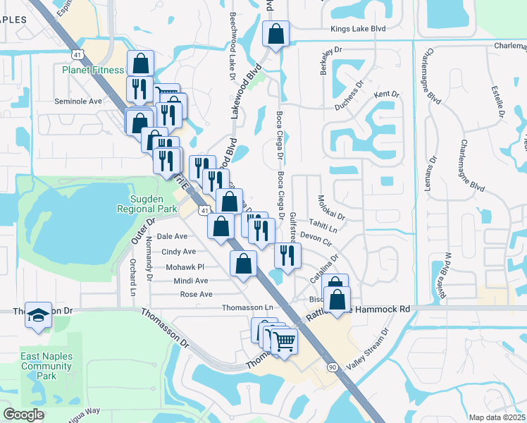 map of restaurants, bars, coffee shops, grocery stores, and more near 3625 Boca Ciega Drive in Naples