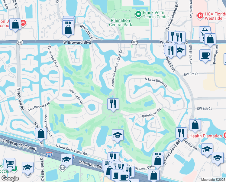 map of restaurants, bars, coffee shops, grocery stores, and more near 361 Jacaranda Drive in Plantation