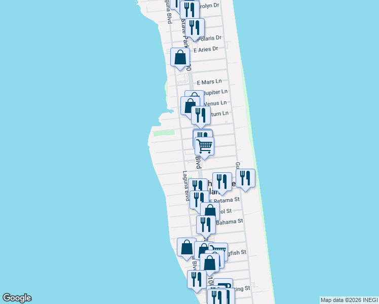 map of restaurants, bars, coffee shops, grocery stores, and more near 4201 Laguna Boulevard in South Padre Island