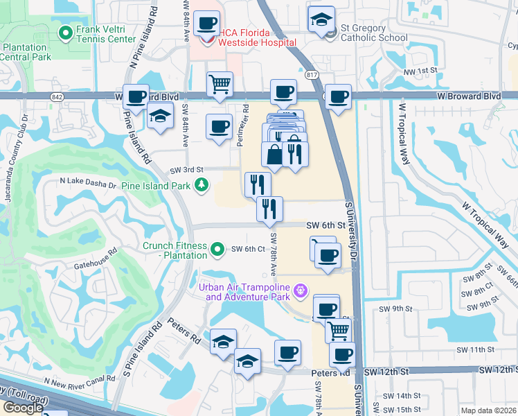 map of restaurants, bars, coffee shops, grocery stores, and more near 455 Southwest 78th Avenue in Plantation