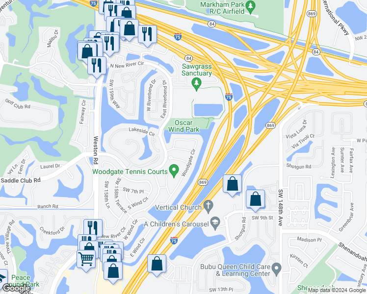 map of restaurants, bars, coffee shops, grocery stores, and more near 523 Woodgate Circle in Sunrise